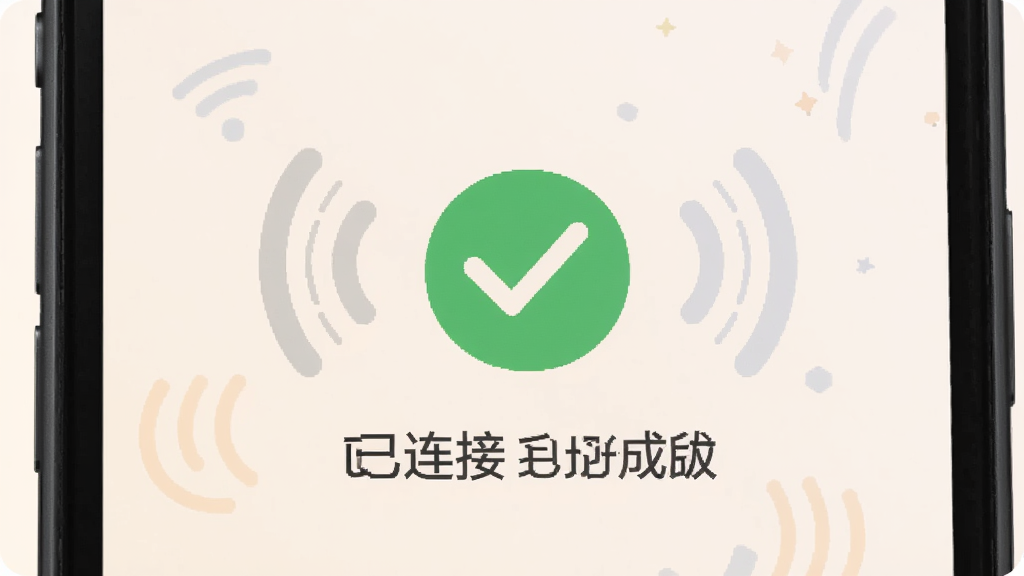 �ֻ�������д��չʾWiFiԿ��ȫ�ܰ�һ�����ӳɹ�����ʾ���棬��Ļ����Ϊ��ɫ�Թ�ͼ�������������֣���Χ�м�Լ�������ź�װ��Ԫ�أ�����Ϊ���ǳɫ������ִ���ƽ�����������ɾ����޶���Ԫ��