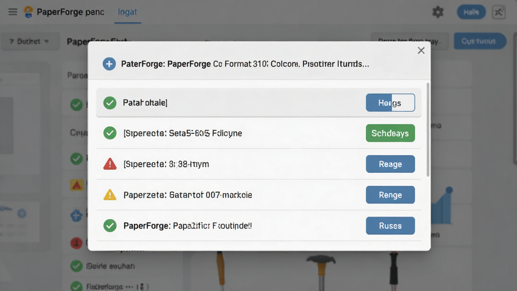 PaperForge ��ʽ�淶У����ҳ������Ϊ���е����ļ���嵥��壬����Ϊ���½ṹ���Ϸ�Ϊ����״̬��ʾ���·�Ϊ���������б������Ϊ����ǳ���ʸй��߽��棬ϸ�ڰ����Թ�ͼ�ꡢ��ʾ������޸���ť����������������ɾ����޶���Ԫ��