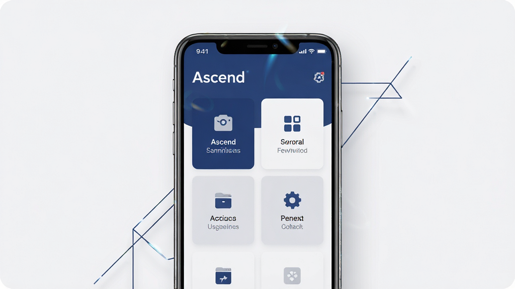 һ��չʾ Ascend ������������ֻ�����ͼ������Ϊ���з��õ������ֻ�����Ļ�ڳ��� Ascend Ӧ����ҳ�Ŀ�Ƭʽ���ܲ��֣������������������в��������ͼ�ꣻ���ֲ����������ס����·ֲ�ĶԳƽṹ���Ű�ɾ����䣬ͼ�������ּ����ȣ����Ϊ�ִ���ƽ�� UI ��ƣ���ɫ��������ǳ��Ϊ����ϸ������Ļ��Ե����΢�߹ⷴ�䣬�ֻ���Χ��׺���򼸺����������� 4K ����������ɾ����޶���Ԫ��