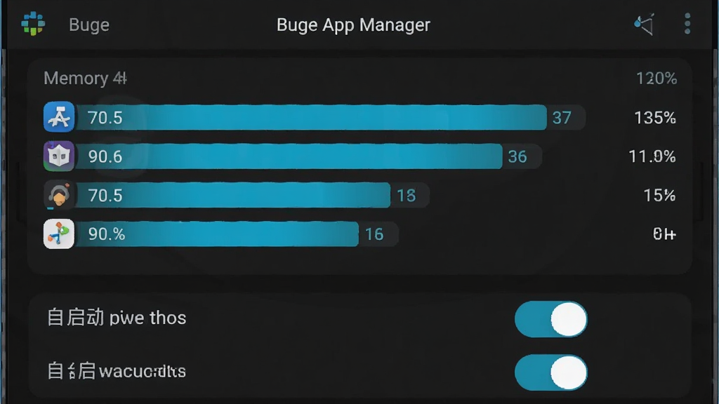 һ���ֻ�����ʾ��ͼ������Ϊ��̨���̹�����壬������ʾ Buge App Manager �������в��Ժ�������ͼչʾ���Ӧ�õ��ڴ�ռ�ñ������·��������������б������������ɫģʽ������ɫ���������ֹ���������ϸ�壬�޶���ͼ��