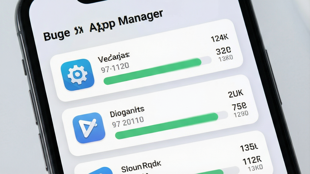 һ���ֻ���Ļ����ͼ������չʾӦ����Ϣ����ҳ�棬������������д�� Buge App Manager���в�Ϊ����������Ӧ�ÿ�Ƭ�б���ÿ�ſ�Ƭ����Ӧ��ͼ�ꡢ���ơ��汾����洢��С��������Ϊ��͵�ǳ�ҽ��䣬������ִ�������������������Ԫ��