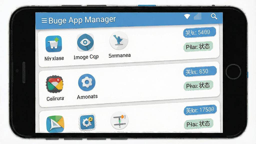 һ�Ű�׿�ֻ�����ʾ��ͼ������������Ӧ�ù����б�ҳ�棬������ʾ�������� Buge App Manager������Ϊ����Ӧ��ͼ�����������еĿ�Ƭʽ���֣��Ҳ��д洢ռ����Ȩ��״̬��С��ǩ���������ǳɫ��������ɫ��׺�ı�ƽ�����ϸ�ڸɾ����������ʸ��壬�޶���װ��Ԫ��