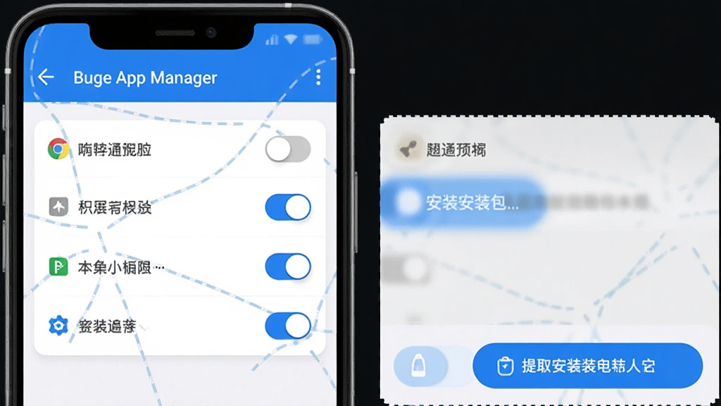 һ���ֻ�����ʾ��ͼ������չʾӦ������ҳ��Ȩ�ޱ�ǩ�л��Ľ��棬������ Buge App Manager ���⣬�в�ΪȨ���б��뿪�ذ�ť�����½�����ȡ��װ���İ�ť���������ǳɫ��Ƭ�������ɫ��ť���������������ʸ��壬�޶�������װ��