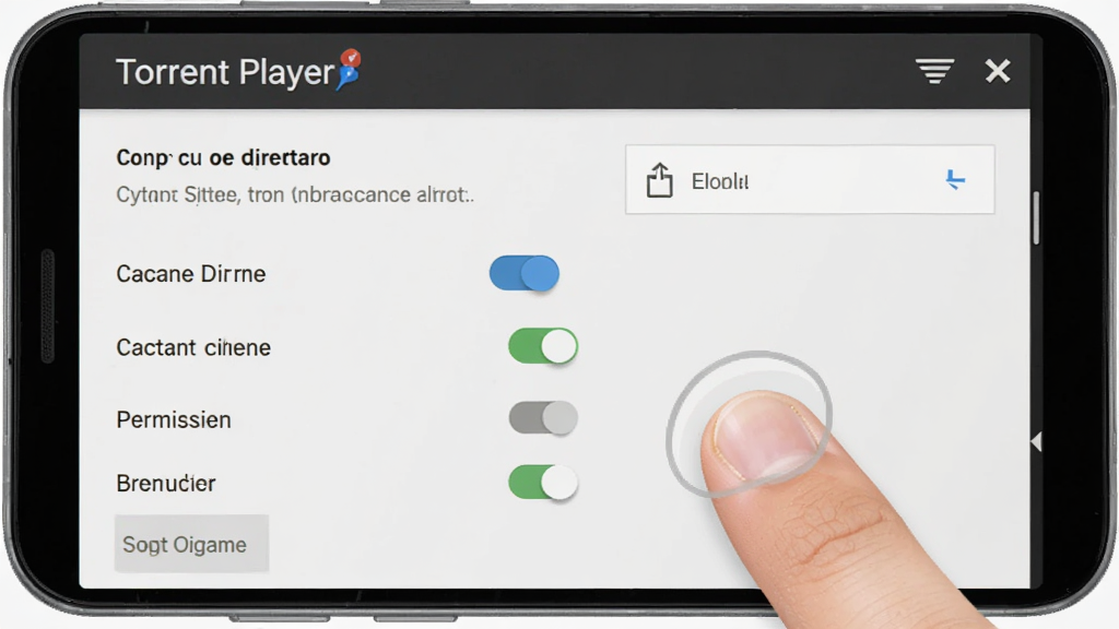 һ����׿�ֻ���Ļ��ʾTorrent Player�����ý��棬�����а�������Ŀ¼ѡ��Ȩ�޿��������ģʽѡ��Ա�����ָ�����Ļ��ʾ�⶯��������Ϊ����ǳ��ɫ�����ɾ�����������ϸ��