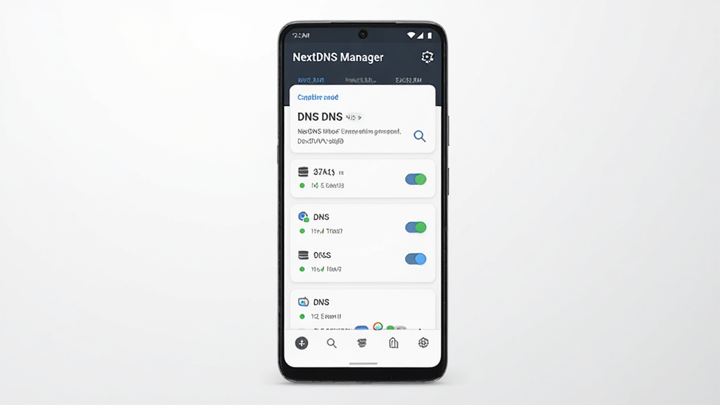 ����Ϊһ����׿�ֻ���Ļ��ʾ NextDNS Manager Ӧ�������棬����Ϊ�����ֻ�����չʾ������Ϊ����ǳ�ҽ��䣬�Ű�Ϊ�ֻ����С��������ף����Ϊ�ִ��Ƽ���ƽ����ϸ�ڰ��������ϵ� DNS ���ÿ�Ƭ�����ذ�ť��״ָ̬ʾԲ������ͼ�꣬���������ɾ��޶���Ԫ��
