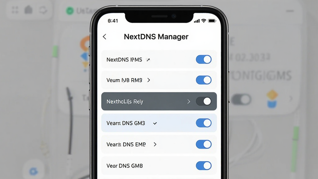 ����Ϊ NextDNS Manager Ӧ���ڵ������л����棬����Ϊ�ֻ���Ļ����չʾ���Ű�Ϊ����������·�����ѡ���б������Ϊ��Լ����磬ϸ�ڰ��������������֡��л���ͷ��ѡ�и���״̬�����������ɾ��޶���Ԫ��