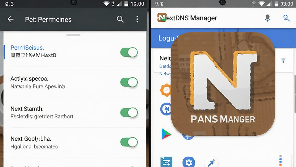 ����Ϊ��׿�ֻ����ý����� NextDNS Manager Ӧ��ͼ�겢��չʾ������Ϊ���ҷ������Ű�Ϊ���Ȩ��������塢�Ҳ�Ӧ�ý��棬���Ϊ�Ƽ���ѧʾ��磬ϸ�ڰ���Ȩ�޿��ء�����ͼ����Ӧ��ͼ�꣬���������ɾ��޶���Ԫ��