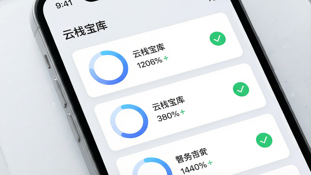一张下载任务管理界面展示图,画面为手机屏幕特写,屏幕中央显示“云栈宝库”下载任务列表,每条任务带有圆形进度环与百分比数字,布局为纵向排列的三条任务卡片,风格为现代简约卡片式设计,细节包含进度环的蓝色渐变与完成状态的绿色对勾,画质清晰,背景为浅色磨砂质感,干净整洁