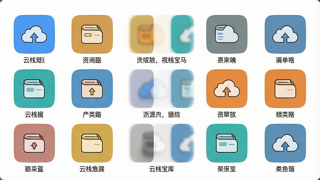 一张资源分类聚合示意图,画面主体为“云栈宝库”应用中的分类面板,布局为三行四列的图标矩阵,每个图标下方配有简短分类文字,排版整齐居中,风格为清爽的扁平插画风,细节包含统一的圆角方形底色与简洁线性图标,画质高清,背景为纯白,干净无杂乱元素