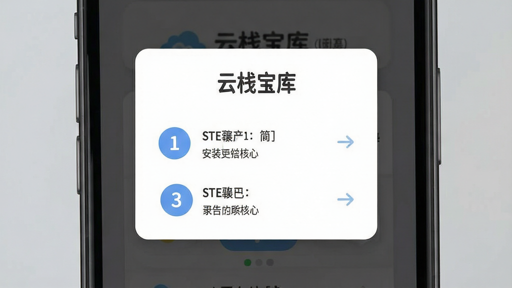 一张安装引导提示界面展示图,画面为手机屏幕局部放大,屏幕中央显示“云栈宝库”安装引导弹窗,弹窗内包含步骤序号与简短文字说明,布局为居中卡片式弹窗,风格为友好亲切的扁平设计,细节包含步骤数字圆标与箭头指引,画质锐利,背景为半透明深色遮罩,干净无干扰元素