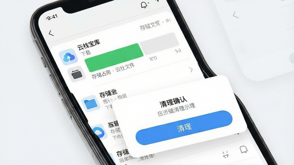 一张手机存储空间清理示意图,画面主体为手机屏幕显示存储管理界面,界面中包含“云栈宝库”下载文件夹与清理按钮,布局为纵向列表式,风格为简洁工具类UI设计,细节包含存储占用条形图与清理确认弹窗,画质清晰,背景为浅色系统界面,干净直观