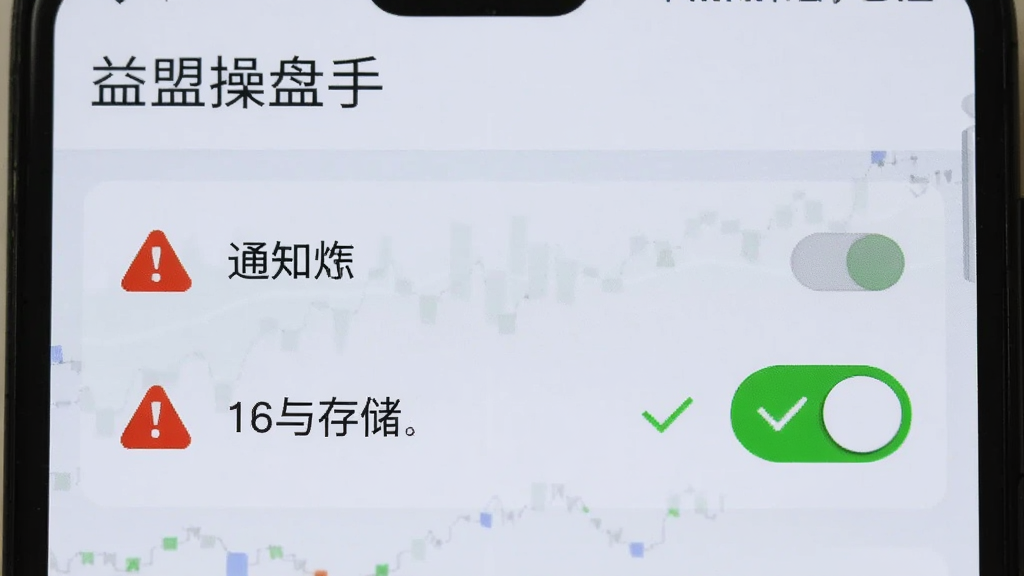 一部安卓手机屏幕显示益盟操盘手的权限设置页面,通知与存储权限开关处于开启状态,旁边有红色警示图标与对勾标记,背景为简洁的浅色界面,风格写实清晰,画质干净,屏幕顶部可见“益盟操盘手”文字