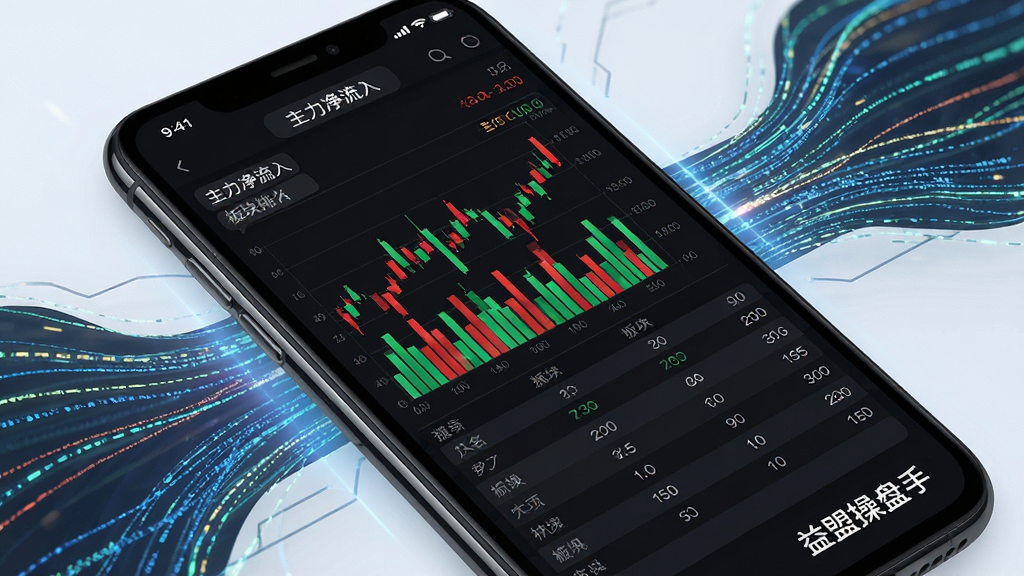 手机屏幕显示益盟操盘手的资金流向图表,包含红绿柱状图与板块排名列表,图表上方有“主力净流入”标签,背景为深色模式界面,周围有抽象的数据流光线,风格科技感,画质干净,文字“益盟操盘手”位于屏幕角落