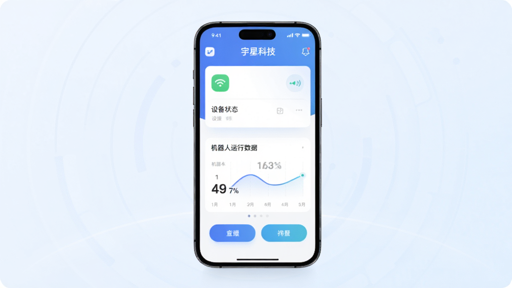 主体为一部智能手机,屏幕显示宇星科技应用主界面,界面包含设备连接状态卡片和机器人运行数据面板,布局为手机居中放置,背景为简洁的浅色科技风格渐变,排版突出屏幕内容,风格为现代扁平化UI展示,细节包括界面上的连接图标、数据曲线和功能按钮,画质清晰干净,无多余元素
