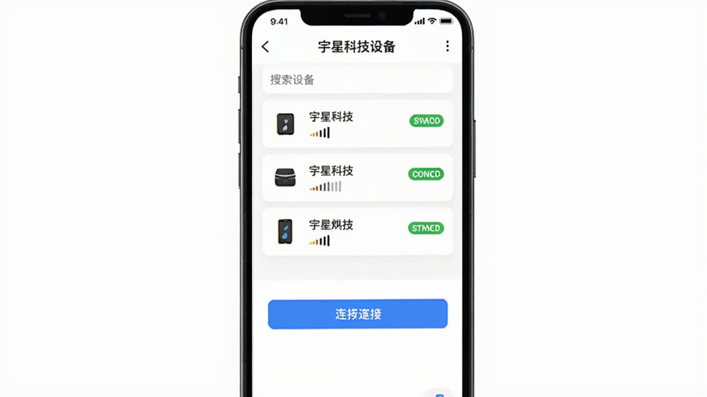 主体为一部手机屏幕展示宇星科技设备连接页面,布局为手机居中、页面内显示搜索到的设备列表和连接按钮,排版清晰直观,风格为移动端应用界面展示,细节包括设备名称、信号强度图标和连接状态标签,画质清晰干净,无多余元素