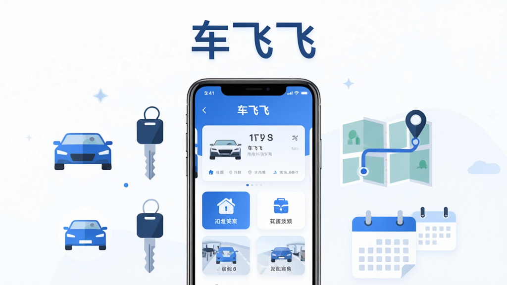 画面中央是一部竖屏智能手机,手机屏幕上显示“车飞飞”应用主界面,界面包含车辆信息卡片与功能图标,手机周围环绕汽车、钥匙、地图路线、日历提醒等简洁扁平化元素,整体布局左右对称,上方留白放置“车飞飞”三个字,风格为现代科技蓝白配色,细节干净利落,画质清晰,无多余装饰元素