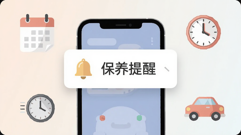 画面中央为一部手机,手机上方弹出带铃铛图标的提醒通知卡片,卡片上写有“保养提醒”字样,周围点缀日历、时钟与小汽车图标,风格为扁平化设计,配色柔和,排版居中,画质干净,无多余元素