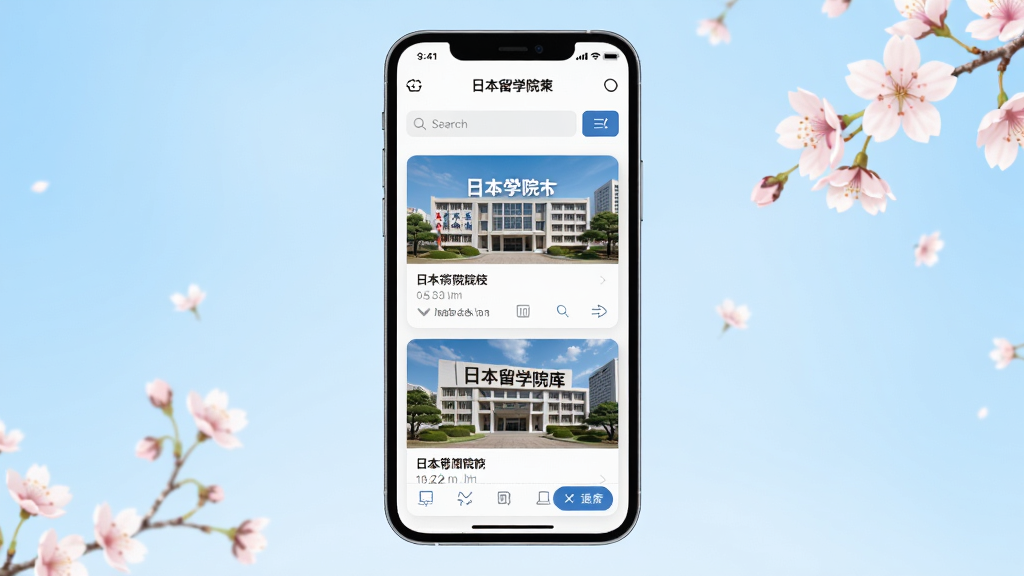 主体为一部智能手机,屏幕上显示日本留学院校库的院校列表界面,布局为手机居中放置,背景为浅蓝色渐变与樱花图案点缀,排版采用简洁App展示风格,细节包含院校卡片、搜索栏与筛选按钮,画质高清,干净,无多余元素