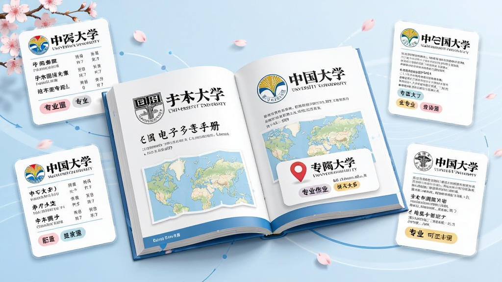 主体为一本翻开的电子院校手册,书页上浮现多所日本大学的校徽与信息卡片,布局为手册居中、信息卡片环绕四周,排版采用信息图表风格,风格清新教育风,细节包含樱花、地图标记与专业标签,画质高清,干净,无多余元素