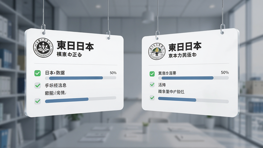 主体为两块并排悬浮的信息面板,分别展示两所日本院校的名称与专业信息,布局为左右对称对比样式,排版采用卡片对照布局,风格简约商务,细节包含勾选标记与数据条目,画质高清,干净,无多余元素
