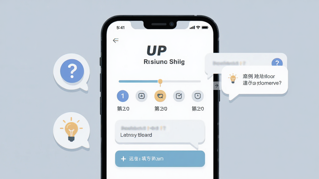 主体为手机屏幕显示UP简历填写引导界面,界面中有分步骤的填写进度条和示例提示气泡,布局为手机居中、左侧漂浮问号与灯泡图标象征智能提示,排版清爽有序,风格为扁平化UI插画,细节包括界面文字清晰、图标圆润、背景为淡雅灰蓝色,画质高清干净无多余元素