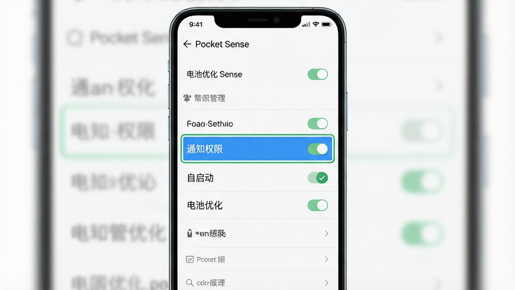 一张手机设置界面的示意图,屏幕显示电池优化白名单与权限管理页面,页面中高亮标注“通知权限”“自启动”“电池优化”三个选项,布局为手机正面居中、设置列表纵向排列,风格为简洁系统设置风,细节包括清晰的开关控件、高亮边框与对勾图标,画质干净明亮,画面中可见文字“Pocket Sense”,无多余元素