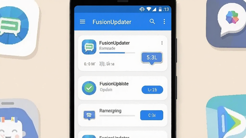 ����Ϊһ����׿�ֻ���Ļ����Ļ������ʾFusionUpdaterӦ�ý��棬�������Ӧ���б�����°�ť������Ϊ�ֻ����з�����ǳɫ���棬��Χ������Ӧ��ͼ��Ԫ�ػ��ƣ��Ű������������Ϊ��ƽ���Ƽ��廭��ϸ�ڰ�����ɫ��ɫ����Բ�ǿ�Ƭ����������Թ�ͼ�꣬���ʸ��壬�ɾ����޶���Ԫ��