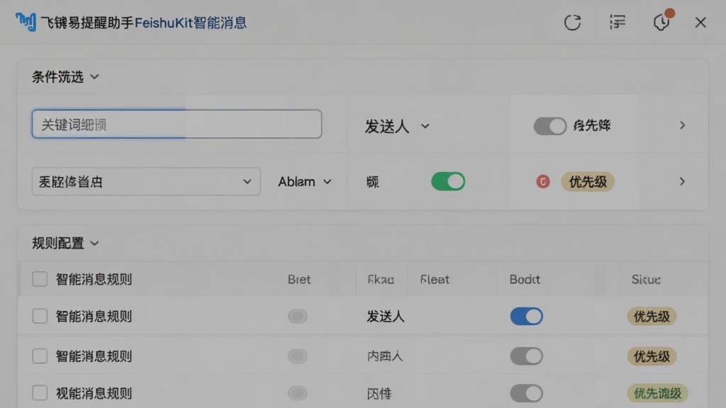 飞书提醒助手FeishuKit智能消息规则设置界面,画面主体为规则配置面板,布局上方为条件筛选区、下方为规则列表,排版采用纵向流式结构,风格为简洁办公软件风,细节包含关键词输入框、发送人选择器、开关控件、优先级标签,画质清晰干净无多余元素