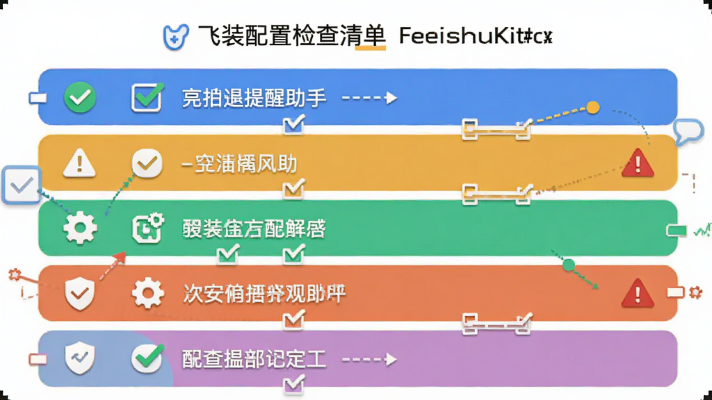飞书提醒助手FeishuKit安装配置检查清单示意图,画面主体为 checklist 检查面板,布局为纵向列表居中,排版采用图标加文字条目形式,风格为扁平化信息图风,细节包含勾选框、警告三角图标、齿轮设置符号、盾牌安全图标,画质高清干净无多余元素