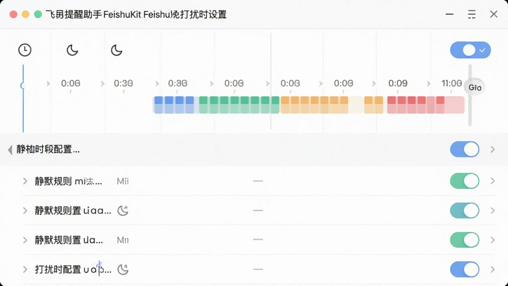 飞书提醒助手FeishuKit免打扰时段设置界面,画面主体为时间轴配置面板,布局上方为时段可视化时间轴、下方为静默规则开关,排版采用横向时间轴加纵向列表组合,风格为柔和浅色办公风,细节包含时钟图标、月牙静默符号、开关按钮、时段色块,画质清晰干净无多余元素