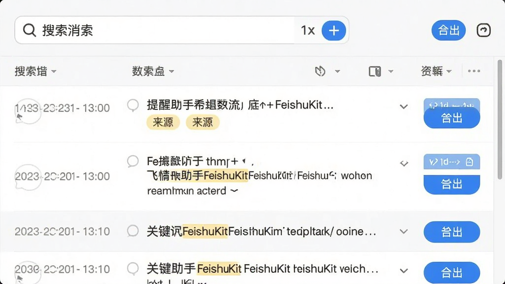 飞书提醒助手FeishuKit消息历史记录界面,画面主体为历史消息检索面板,布局上方为搜索筛选栏、下方为消息列表,排版采用表格式行布局,风格为清爽数据管理风,细节包含时间戳、来源标签、关键词高亮、导出按钮,画质高清干净无多余元素