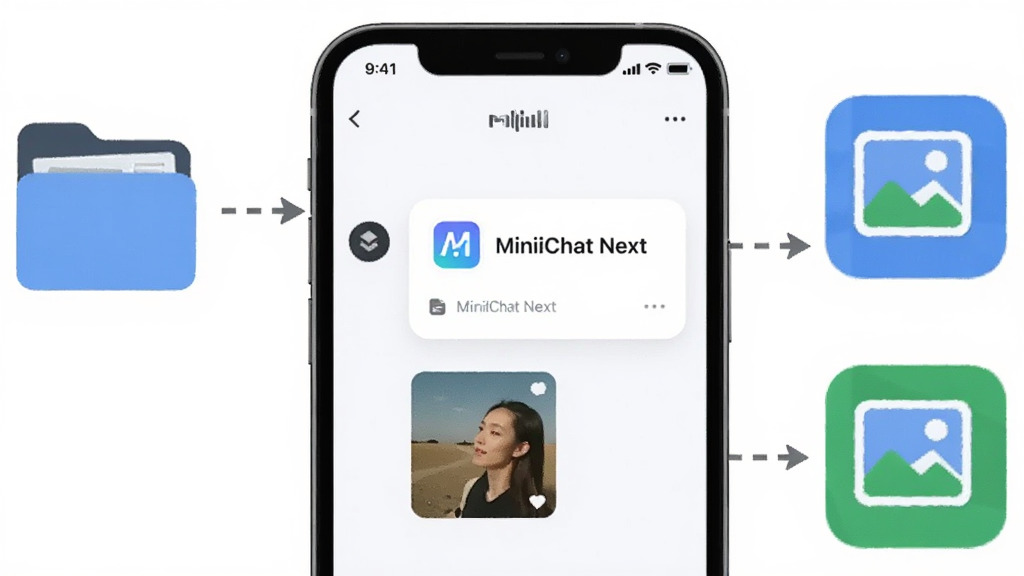 ��������Ϊһ̨�ֻ���Ļ����Ļ����ʾ MiniiChat Next �����촰�ڣ���������һ���ļ���Ƭ��һ��ͼƬ����ͼ����Ƭ�ϱ�ע