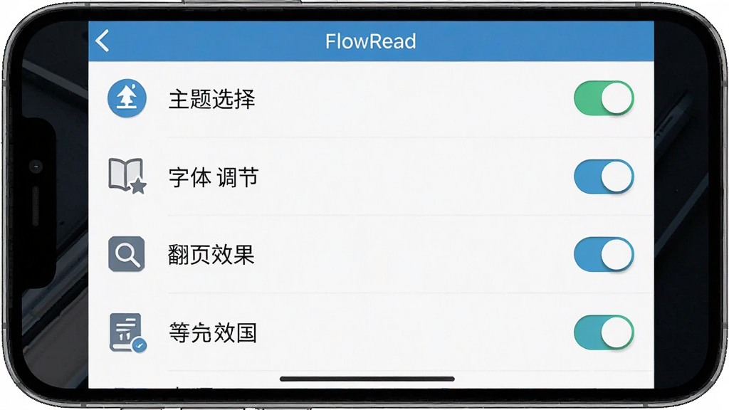 FlowRead �������ֻ��ϵ����ý���չʾ����������һ�������б��˵�����������ѡ��������ڡ���ҳЧ����ѡ�ÿ��ѡ������ͼ�꣬�����������У�����ƽ����ƣ�ϸ�ڰ������������ֱ�ǩ�Ϳ��ؿؼ������ʸ���ɾ����޶���Ԫ��