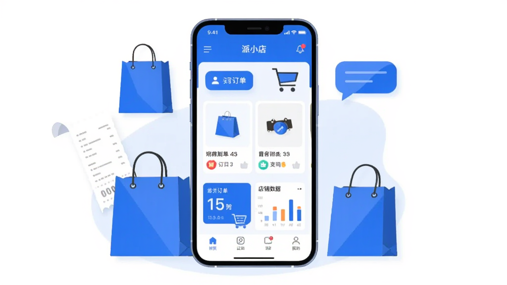 画面中央一部智能手机竖屏展示“派小店”应用首页界面,界面包含商品卡片、订单入口和店铺数据小图表,手机周围环绕购物袋、小票、聊天气泡等扁平化图标,整体采用蓝白配色,布局简洁居中,风格为现代扁平插画,细节干净利落,画质清晰锐利,背景纯白无多余元素