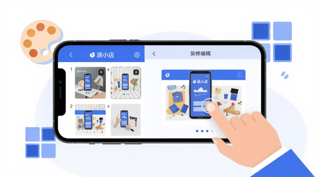 一部手机屏幕中显示“派小店”店铺装修编辑界面,左侧是模板缩略图列表,右侧是店铺预览区,画面中有手指点选模板的动作,周围点缀调色盘与布局方块图标,蓝白主色调,扁平化风格,排版居中对称,画质干净清晰,背景简洁无杂乱元素