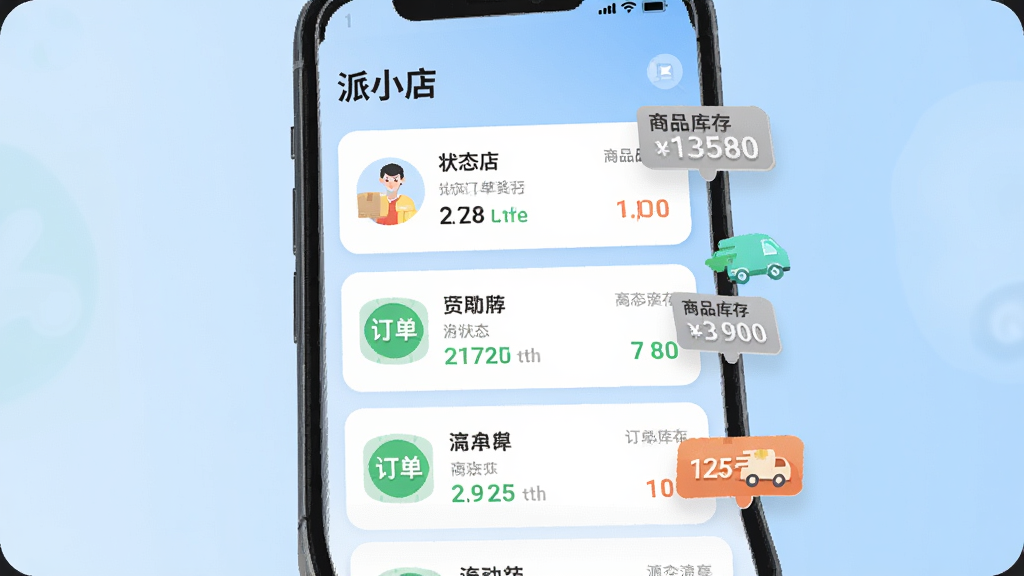 手机界面展示“派小店”订单管理列表,卡片式排列不同状态的订单条目,旁边悬浮商品库存数字标签与物流小车图标,画面采用浅蓝渐变背景,扁平插画风格,元素布局整齐,画质细腻,无多余装饰