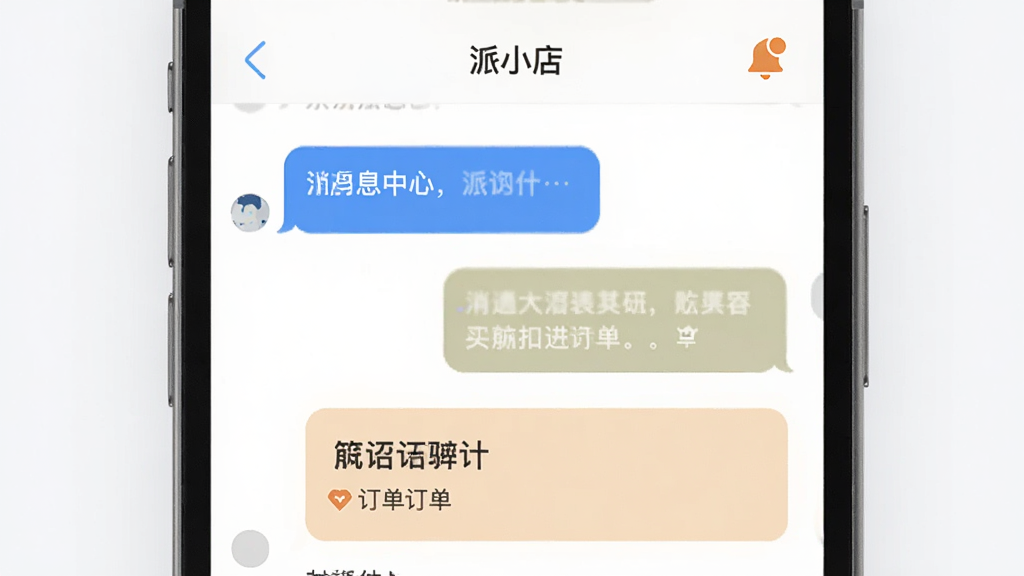 手机屏幕显示“派小店”消息中心界面,多条聊天气泡与订单通知卡片纵向排列,右上角有铃铛提醒图标,配色为蓝白与浅橙点缀,扁平化设计,布局清晰,画质干净,背景简洁