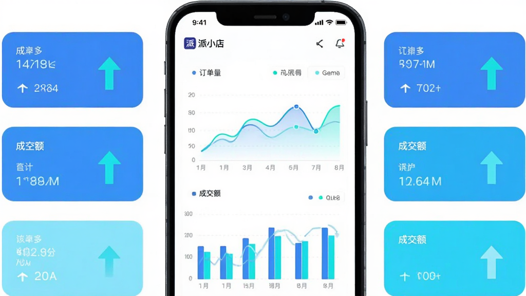 手机界面呈现“派小店”数据看板,包含折线图与柱状图展示订单量和成交额趋势,图表配色为蓝色与青色,界面周围有数据卡片与上升箭头图标,扁平化风格,排版居中,画质清晰,背景纯白干净