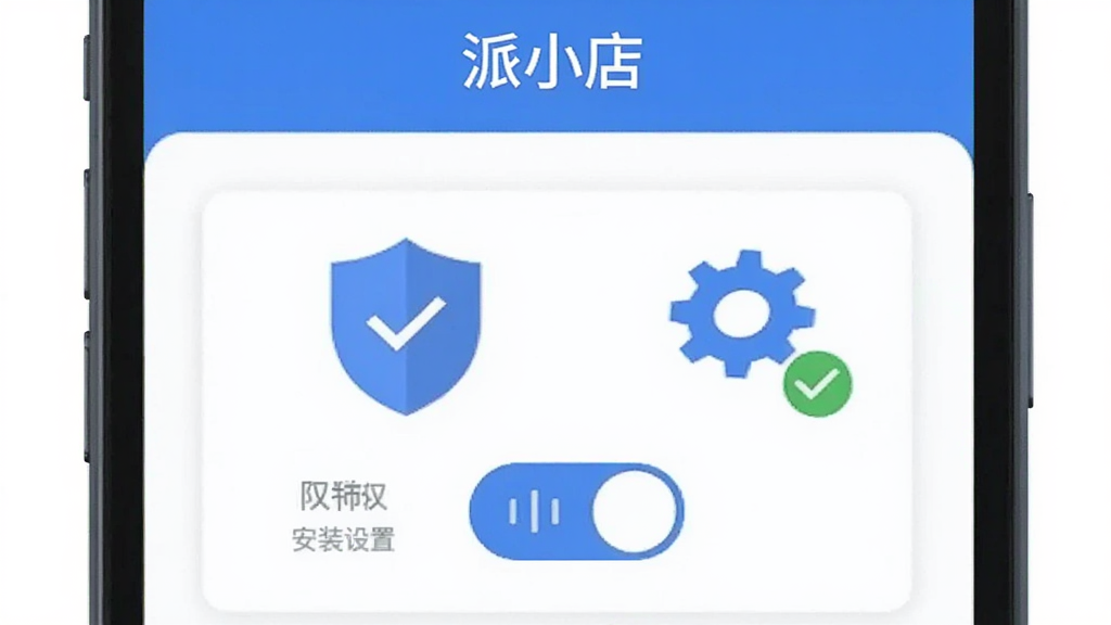 手机屏幕显示“派小店”安装权限设置引导页面,画面中有盾牌图标与权限开关示意图,旁边放置齿轮与勾选标记,蓝白配色,扁平化风格,布局清晰居中,画质干净,背景简洁