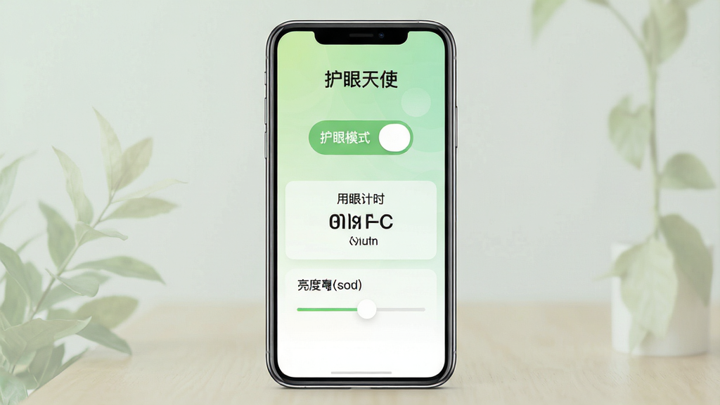 一幅简洁明亮的手机应用界面展示图,画面中央是一部竖屏智能手机,屏幕上显示“护眼天使”应用的首页界面,包含护眼模式开关、用眼计时器和亮度调节滑块等元素,背景为柔和的浅绿色与白色渐变,整体风格清新自然,布局居中对称,细节清晰,画质干净无多余元素,适合作为软件下载站预览图