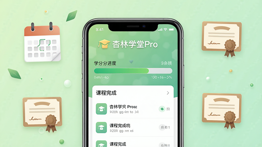 һ�ű��֡�����ѧ��Pro��ѧ�ֹ������ܵ�ͼƬ���������ֻ���Ļ��ʾѧ�ֽ�������γ�����б���������С�����ѧ��Pro����־������Ϊ����ɫ���䣬��Χ��������֤��ͼ���׺���Ű��������������רҵ��ϸ�ڷḻ�����ʸ��壬����ɾ��޶���Ԫ��