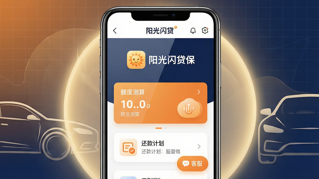 画面主体为一部竖屏智能手机,屏幕中央展示阳光闪贷保应用首页界面,上方有醒目的应用图标与名称“阳光闪贷保”,界面内包含额度测算卡片、还款计划入口与客服悬浮按钮;布局采用居中对称构图,手机两侧点缀浅金色光晕与抽象车辆轮廓线条;排版简洁,顶部留白放置品牌标识;风格为现代金融科技风,配色以暖橙与深蓝为主;细节上屏幕反光自然、图标圆角统一、背景有细微网格纹理;画质高清、画面干净、无多余元素