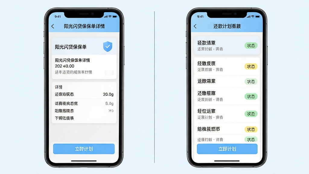 画面主体为手机界面组合展示,左侧为阳光闪贷保保单详情页,右侧为还款计划列表页,两屏并排呈现;布局为左右双屏对比构图,中间以细线分隔;排版上各屏顶部有标题栏、中部为信息卡片、底部为操作按钮;风格为清爽移动端设计风格,配色以浅蓝与白色为主;细节上保单卡片带盾牌小图标、还款列表每行有状态标签;画质高清、画面干净、无多余元素
