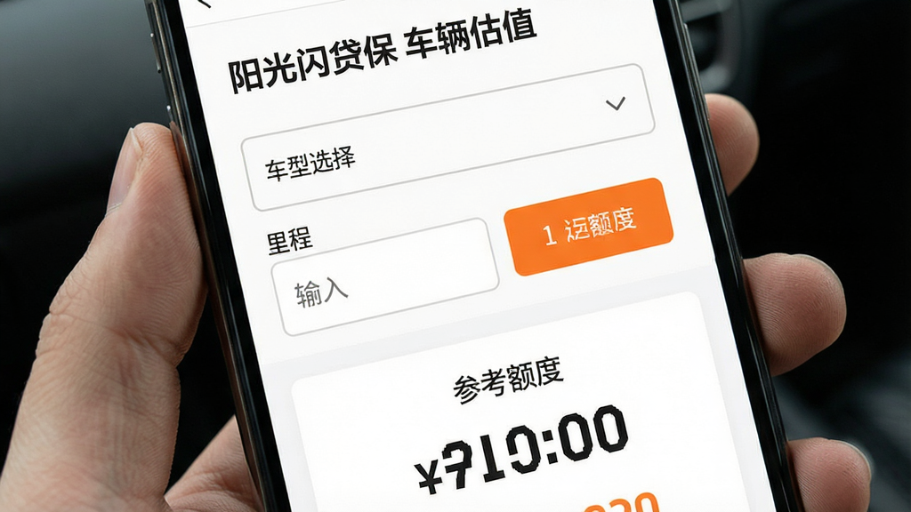 画面主体为手机屏幕特写,界面显示阳光闪贷保“车辆估值”页面,包含车型选择下拉框、里程输入框与额度结果卡片,卡片上标注“参考额度”字样;布局为上下结构,上方表单区域、下方结果展示区;排版清晰,输入框与按钮间距适中;风格为扁平化移动端UI风格,配色以白色背景搭配橙色主按钮;细节上表单边框浅灰、结果数字加粗放大;画质清晰、画面干净、无多余元素