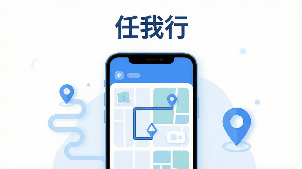 主体为一部竖屏安卓手机,屏幕上显示简洁的出行导航界面,包含路线线条与地图区块;布局为手机居中放置,左右两侧点缀淡蓝色路线图标与定位标记;排版采用上下结构,上方留白放置标题文字“任我行”;风格为扁平化科技插画风,配色以蓝白为主;细节包括柔和阴影、圆角图标、清晰的界面分区;画质高清,画面干净,无多余元素