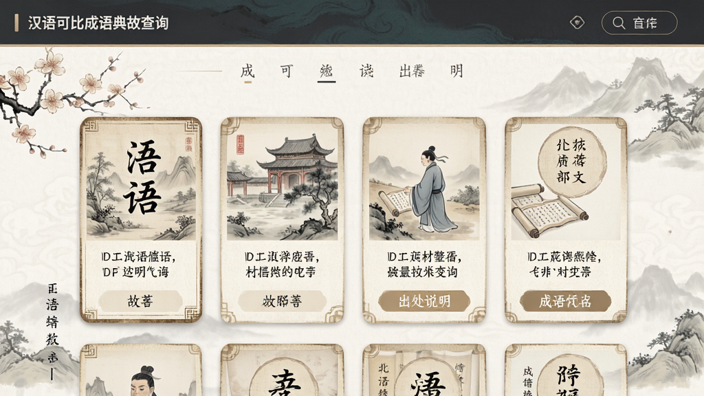 汉语可比成语典故查询界面,展示成语故事卡片与出处说明,页面排版整齐,古风与现代结合的设计风格,细节丰富,画质干净,文字清晰,无多余元素