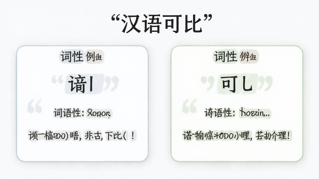 汉语可比词语辨析功能展示图,画面中央为两个词语的对比卡片,左右分栏排版,包含词性标签与例句说明,风格清新简洁,背景干净,文字加引号“汉语可比”,画质清晰