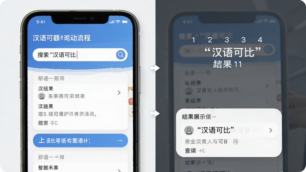 汉语可比移动端操作流程示意图,画面展示手机屏幕中的查询步骤,包含搜索框输入与结果展示,布局分步排版,风格简洁现代,细节清晰,画质干净,文字加引号“汉语可比”,无多余元素