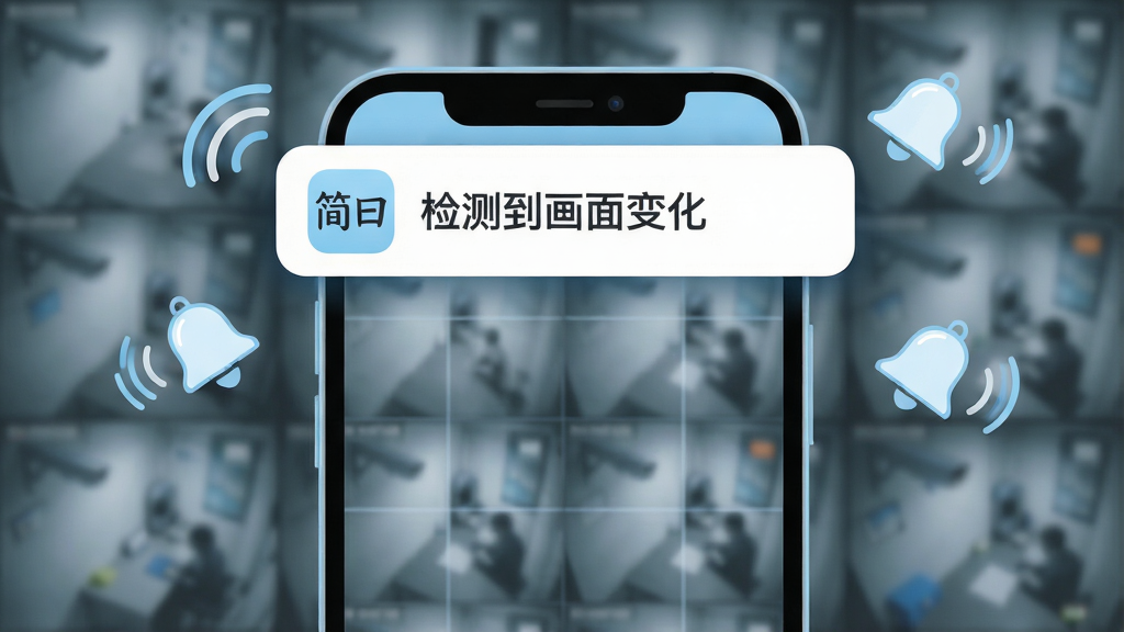 画面主体是一部手机屏幕弹出通知横幅,横幅上显示“简曰”应用图标与“检测到画面变化”文字,手机背景为模糊的监控画面网格;布局为手机居中,通知横幅位于屏幕上方,周围有若干铃铛与波纹图标点缀;排版简洁,文字清晰可读;风格为现代扁平插画,浅蓝与白色为主;细节上通知横幅带有圆角与阴影,铃铛图标带有动态线条;画质清晰,干净,无多余元素