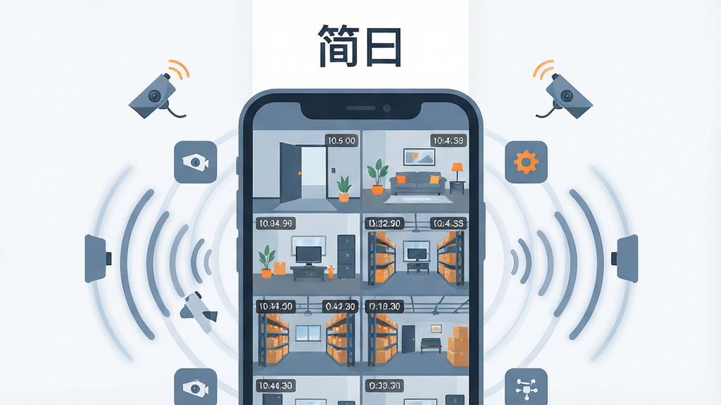 画面主体是一部智能手机,屏幕中显示多路监控画面网格布局,画面包含门口、客厅、仓库等场景,手机周围环绕摄像头图标与信号波纹;布局采用中心对称构图,手机居中,上方留白放置标题文字“简曰”;排版简洁,功能图标沿手机边缘均匀分布;风格为现代科技感扁平插画,蓝灰主色调搭配少量橙色点缀;细节上手机边框圆润,画面缩略图带有时间戳角标,信号波纹呈同心圆扩散;画质清晰,干净,无多余元素